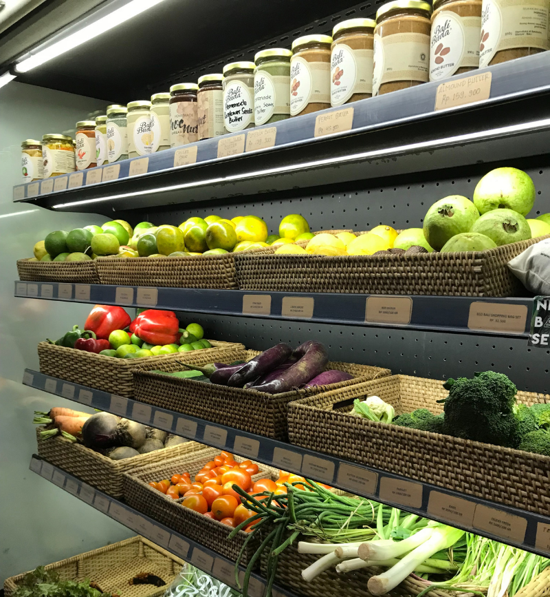 A fresh fruit and vegetables section of a supermarket.