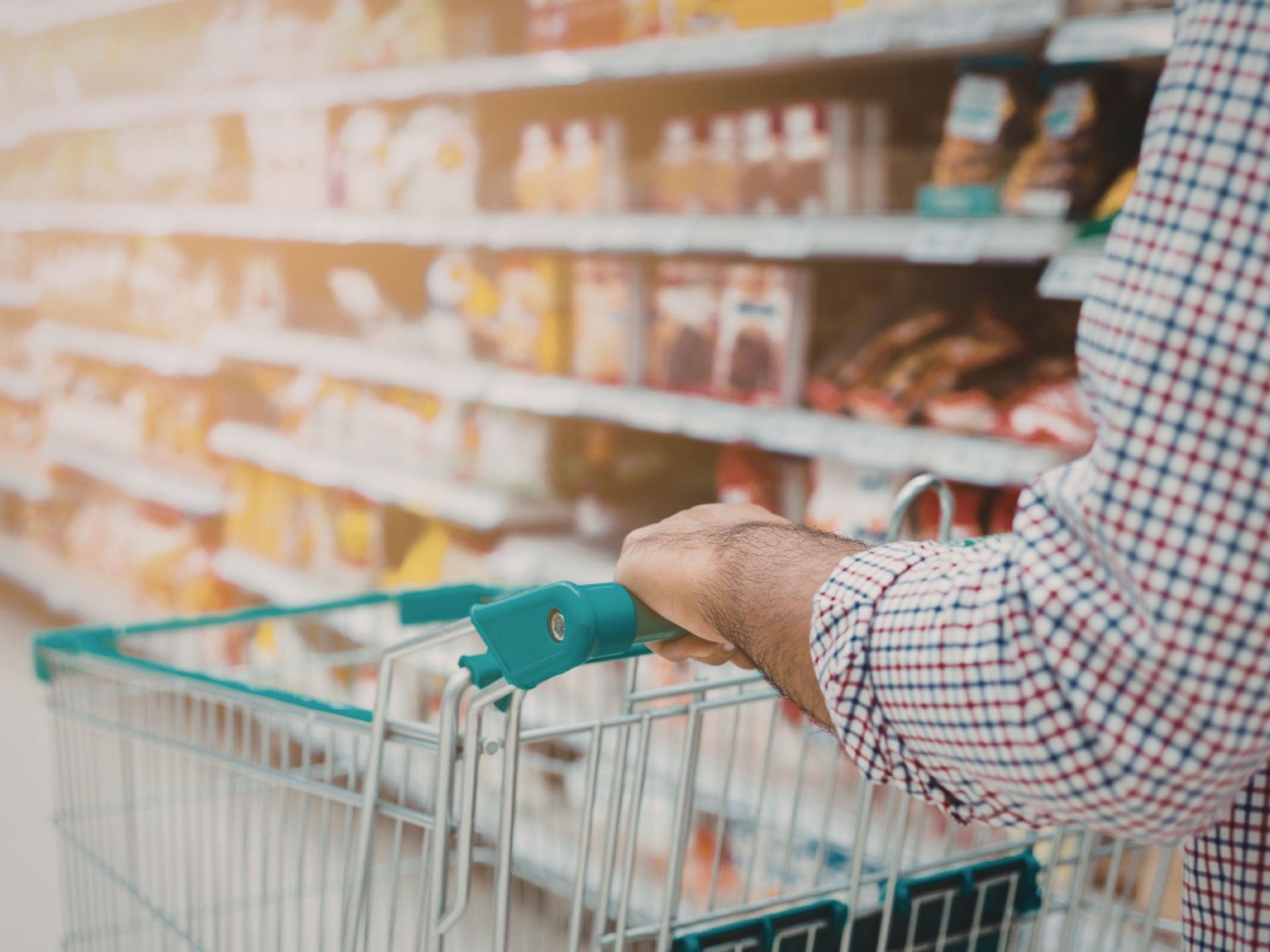 A person is pushing a shopping cart through a supermarket.
