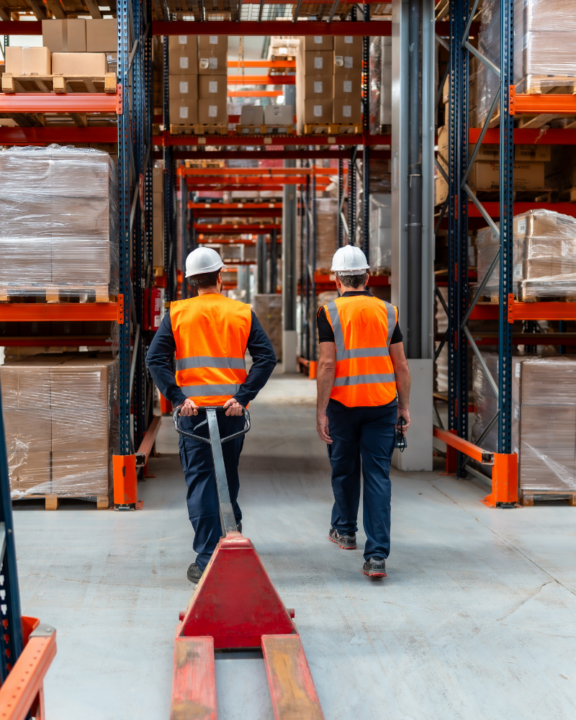 Two workerse walk through a warehouse pulling a pallet truck behind them.