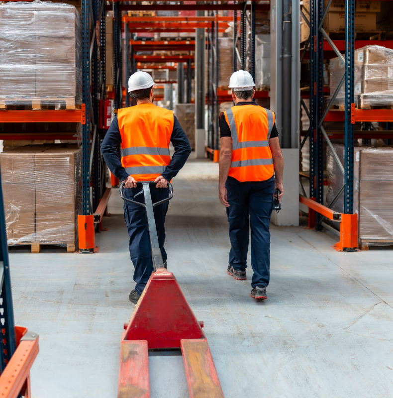 Two workerse walk through a warehouse pulling a pallet truck behind them.
