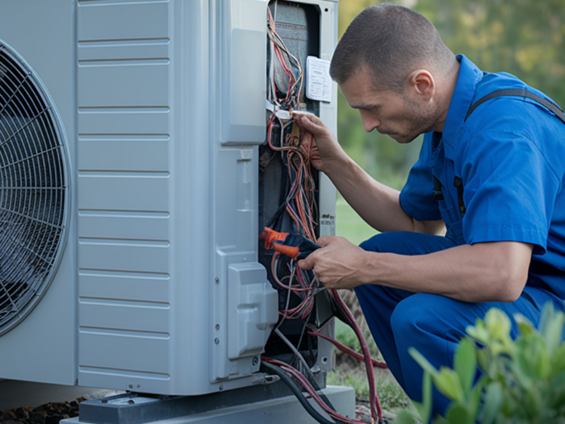 An engineer is performing tests on an external air cooling unit.