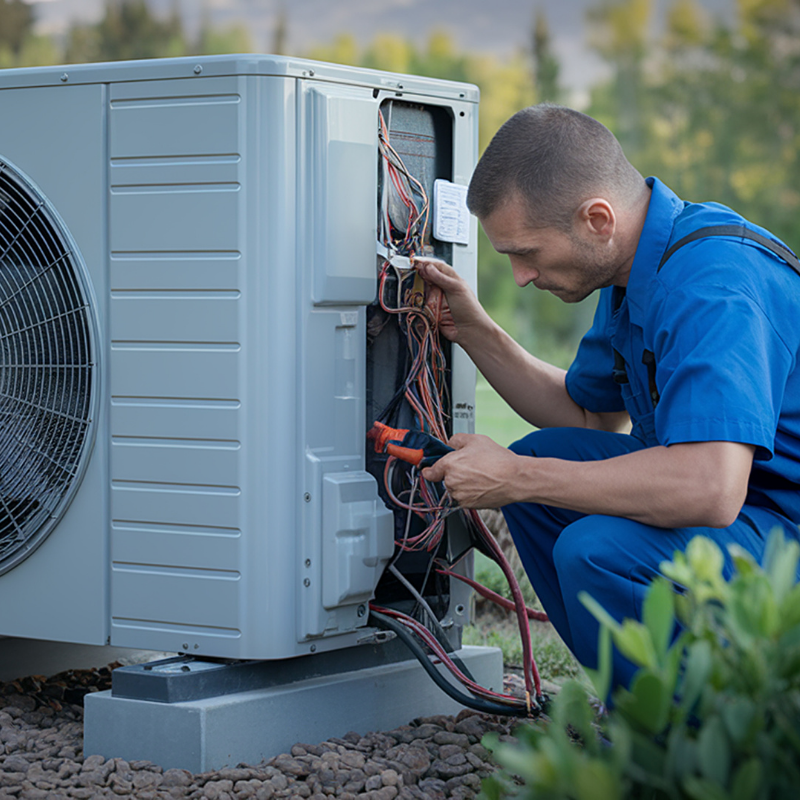 An engineer is performing tests on an external air cooling unit.