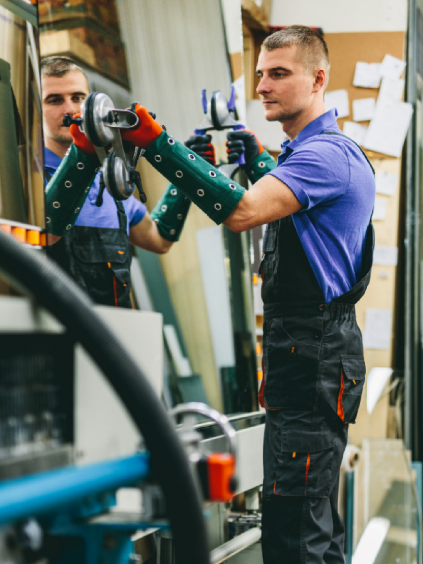 A technician is using two suction cups to move a mirror.